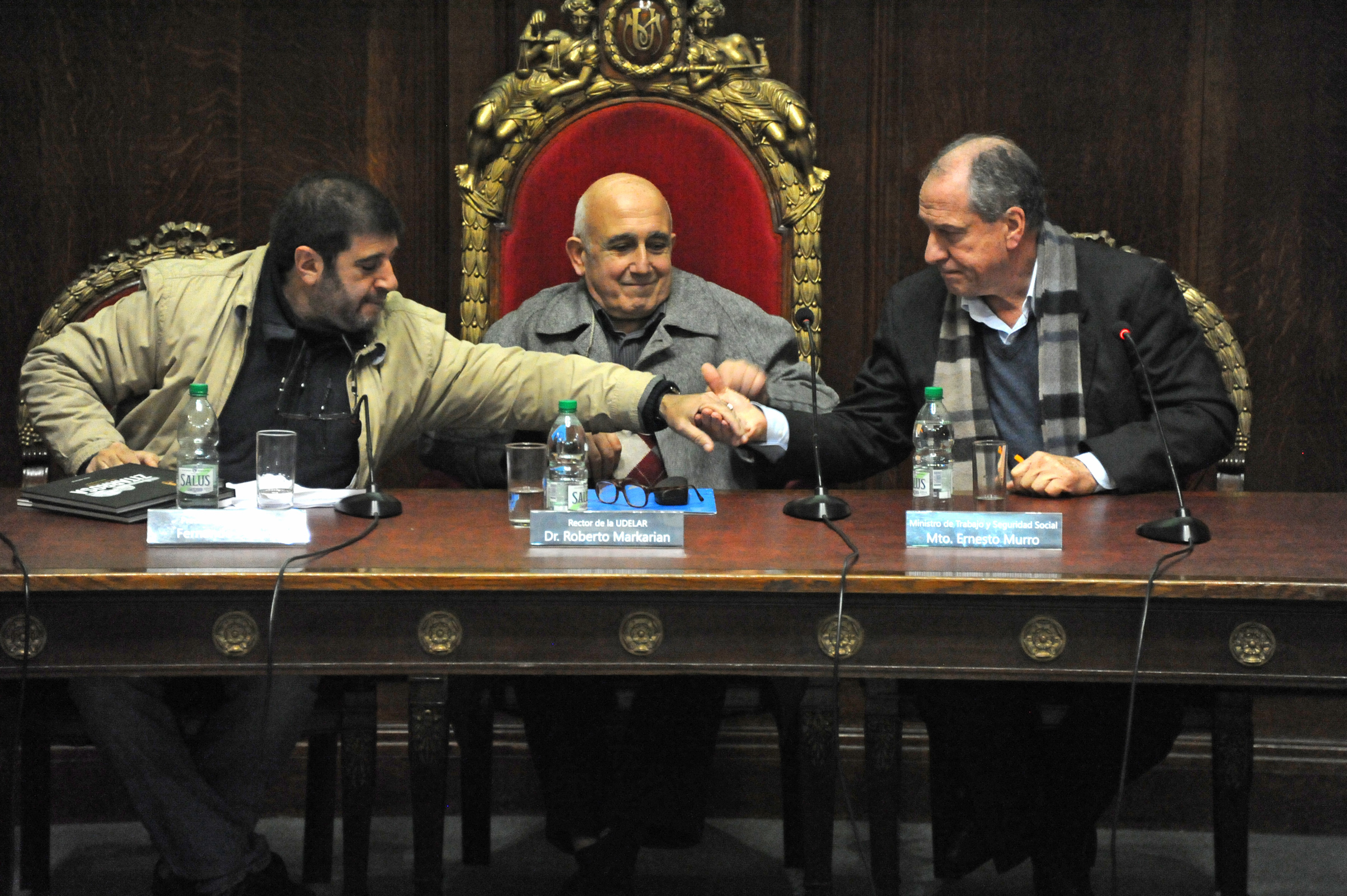 Presidente del PIT-CNT Fernando Pereira, Rector de la Universidad, Roberto Markarián y Ministro de Trabajo y Seguridad Social, Ernesto Murro