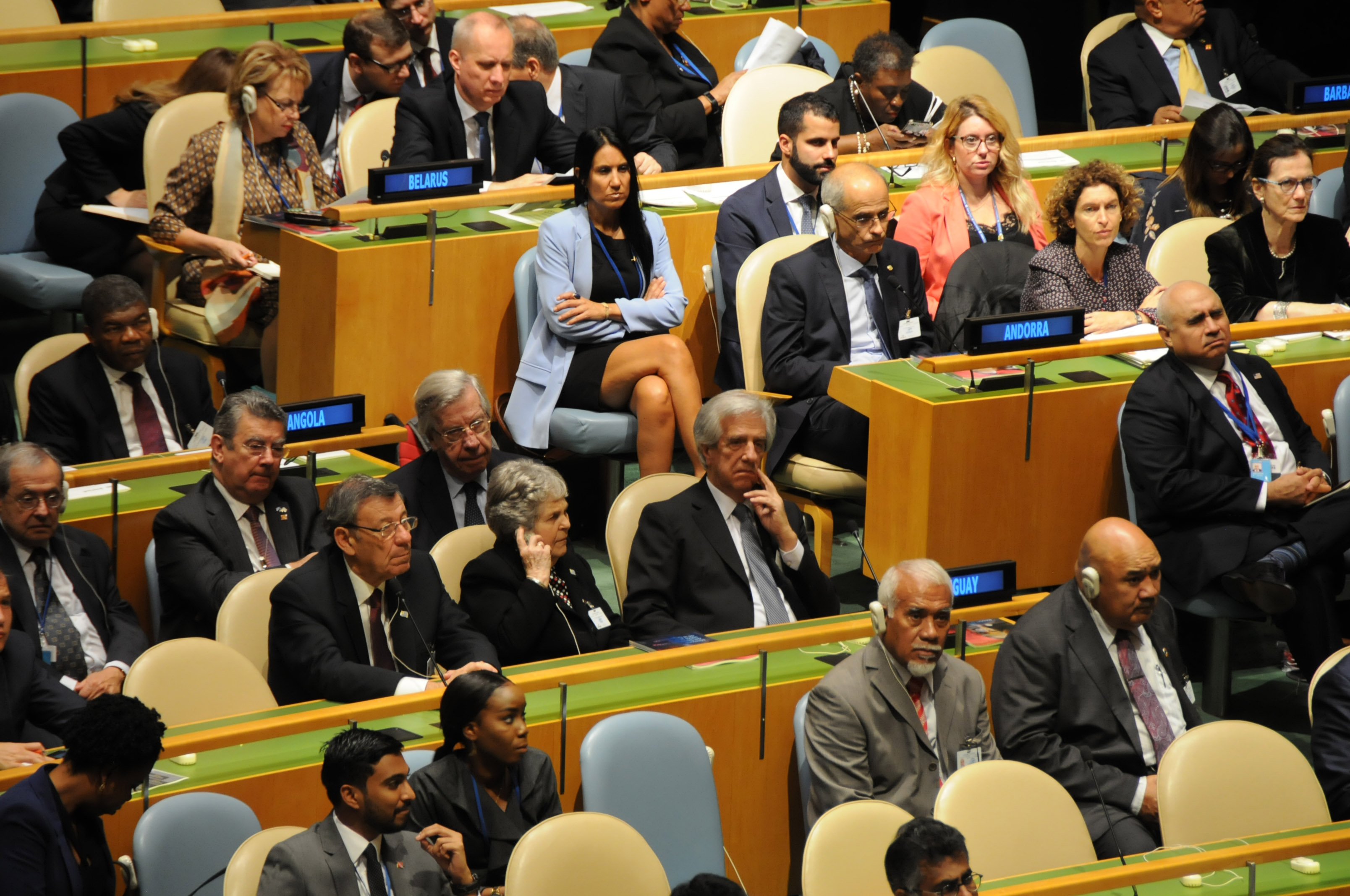 Tabaré Vázquez, junto a su esposa, María Auxiliadora Delgado, y el canciller Rodolfo Nin Novoa, en la Asamblea General de la ONU