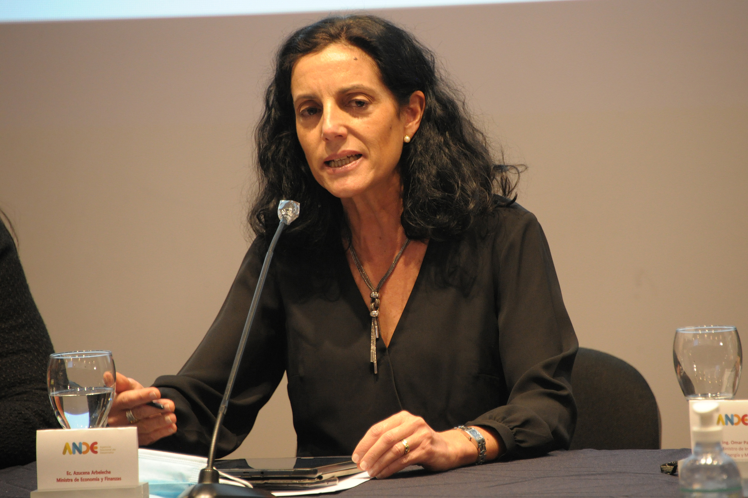 Ministra de Economía y Finanzas, Azucena Arbeleche, dirigiéndose a los presentes