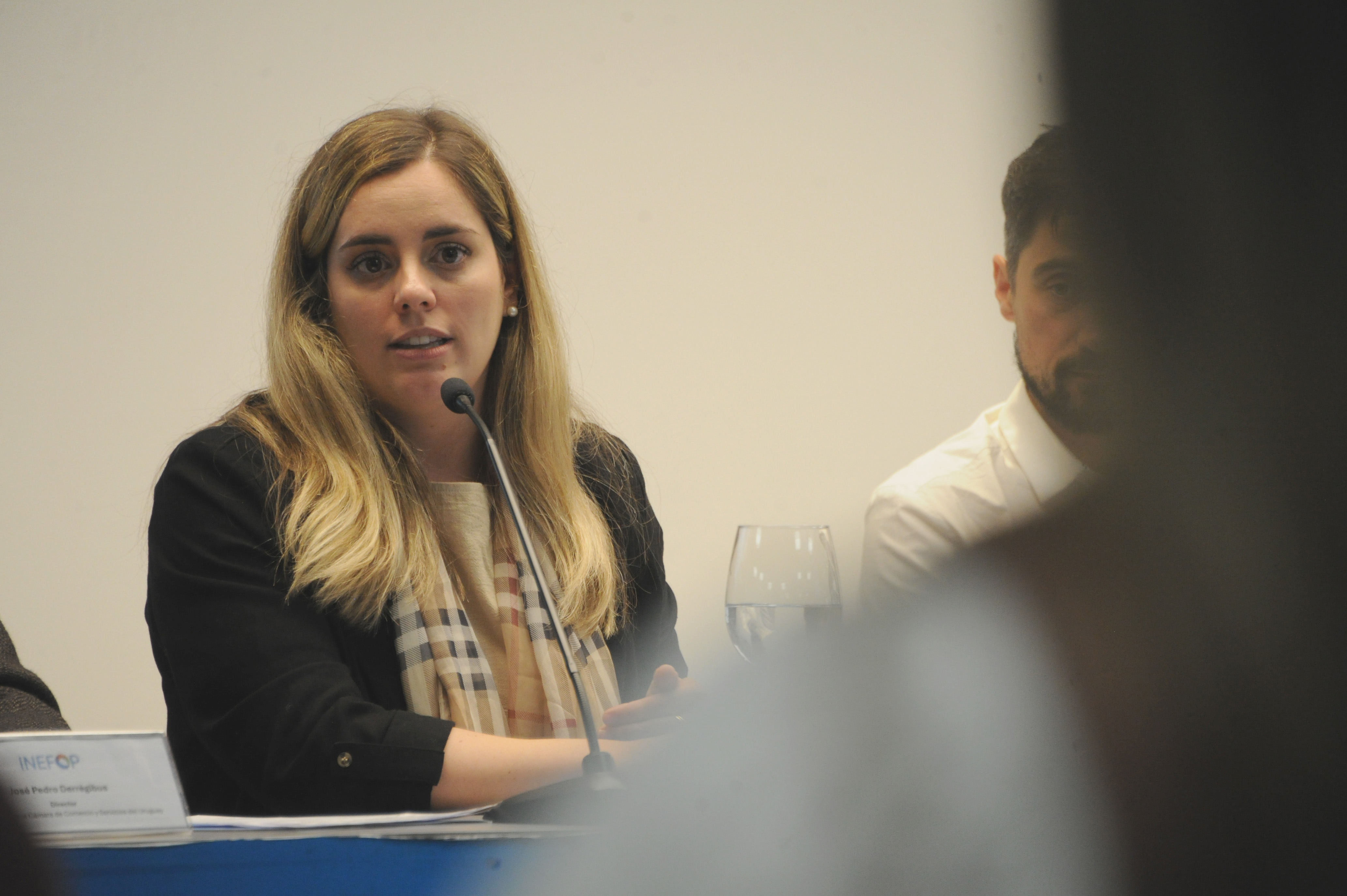 La representante del Congreso de Intendentes diserta sentado en mesa con micrófono.