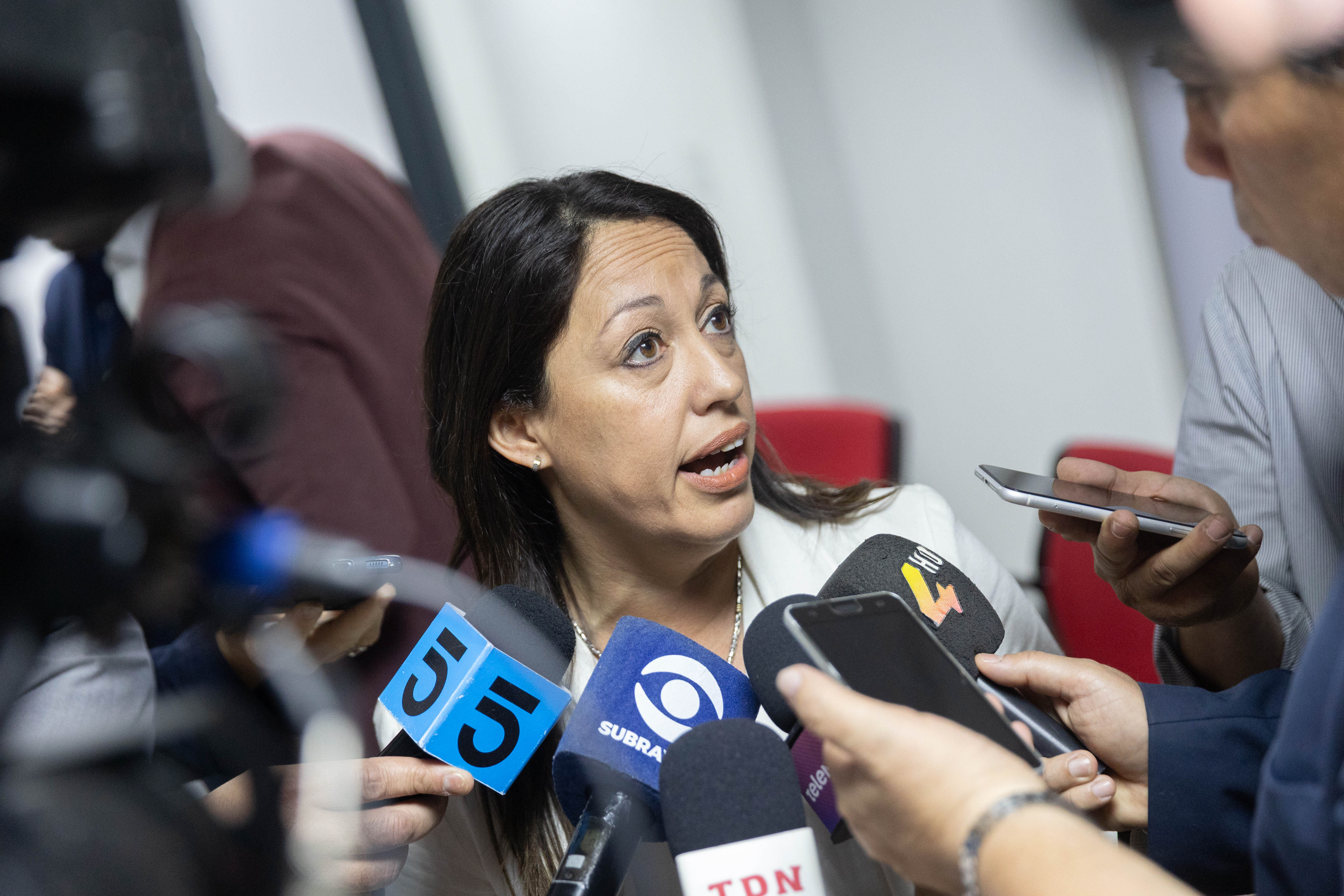 Ministra de Industria dialoga con periodistas frente a varios micrófonos de prensa.