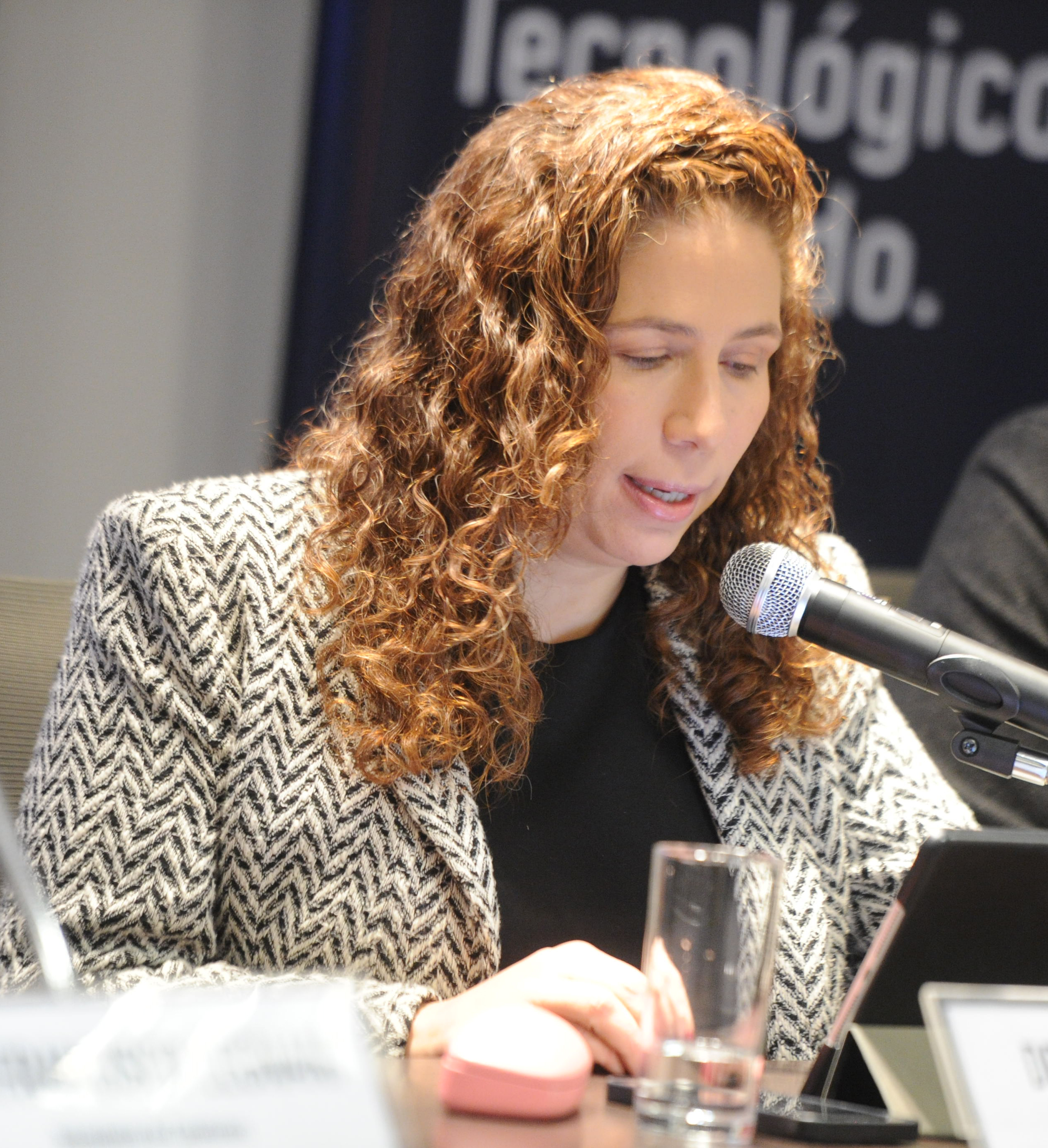 Ministra de Gestión e Innovación en los Servicios Públicos de Brasil diserta sentada en mesa con micrófono.