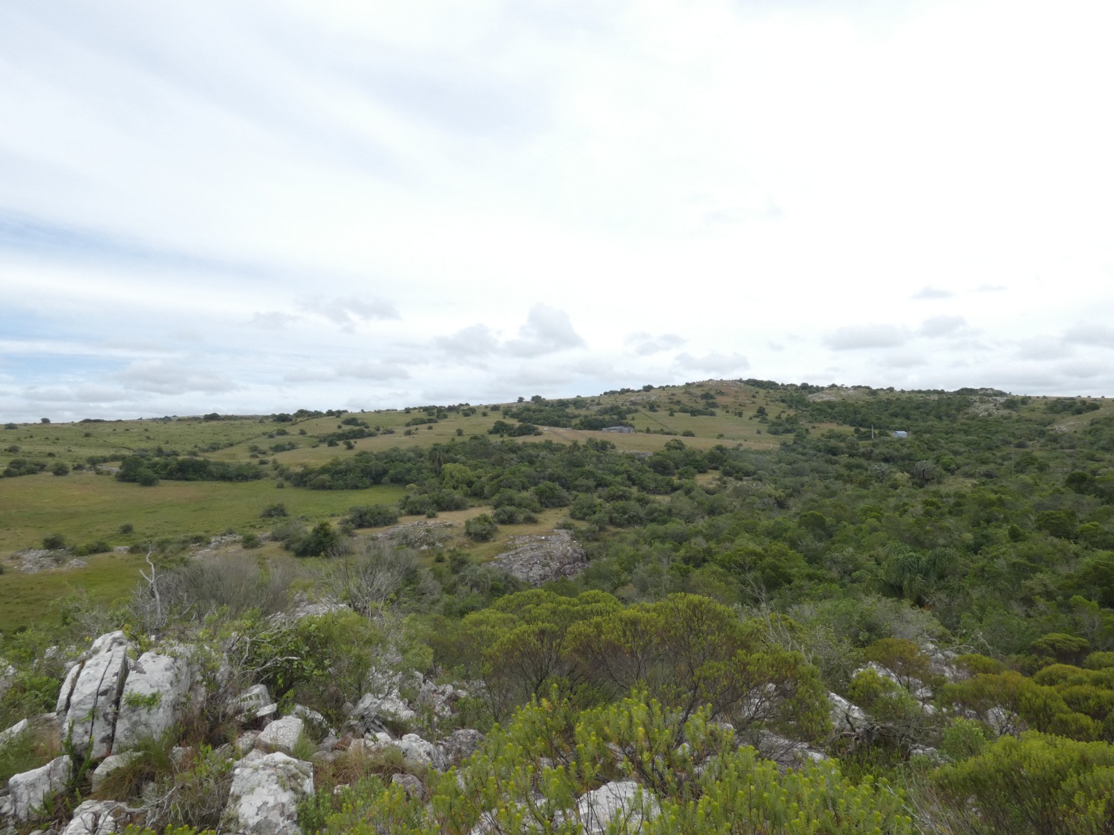 Vistas panorámicas de sierras que combina paisaje de rocas, arbustos, monte nativo y un cielo nublado.