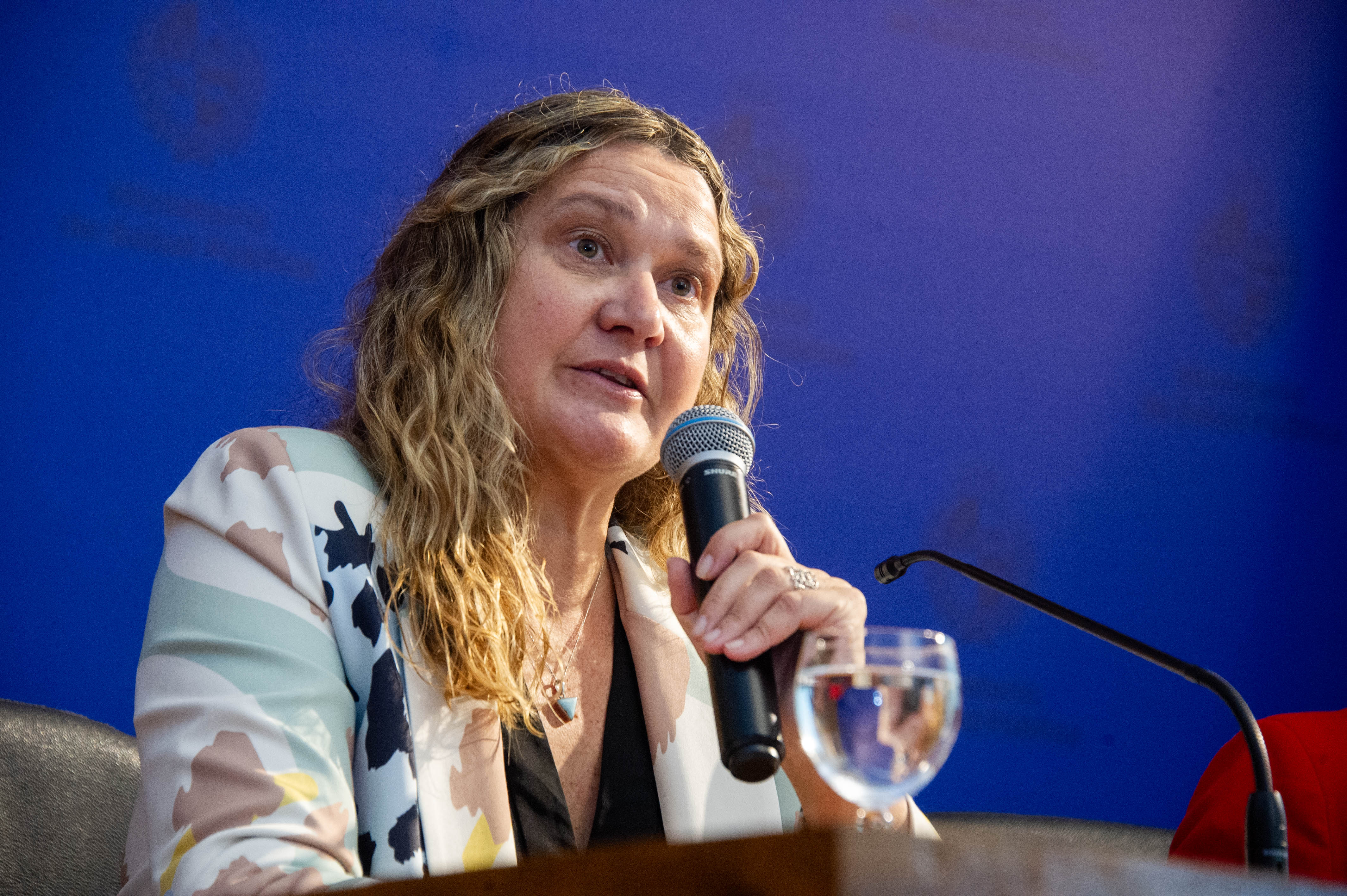 Primer plano de la directora del Fondo Nacional de Recursos disertando sentada en mesa con micrófono. Atrás hay un fondo azul.
